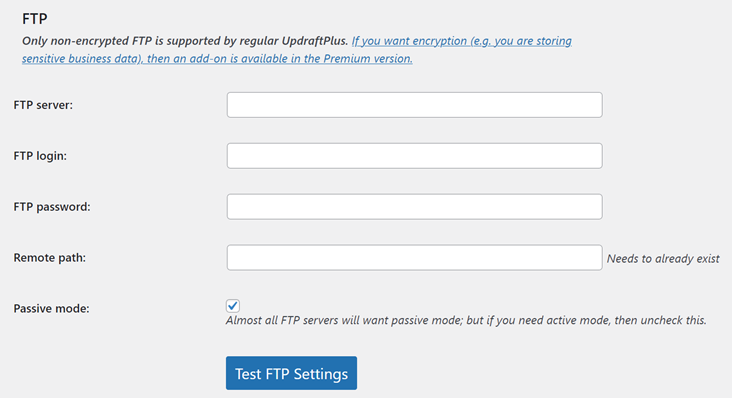 UpdraftPlus FTP settings