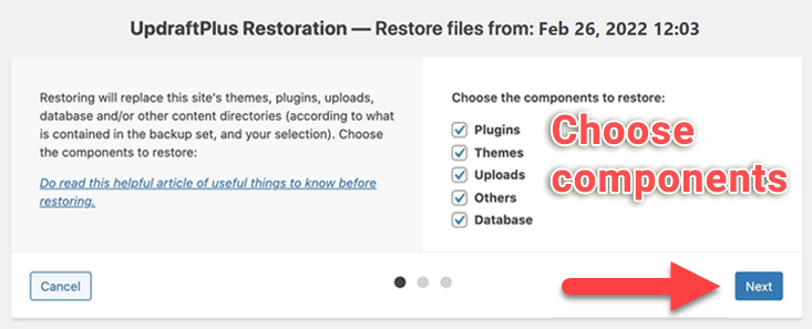 choose components to restore