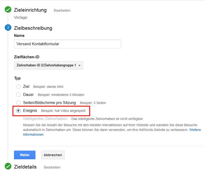 Google Analytics Ziel einrichten