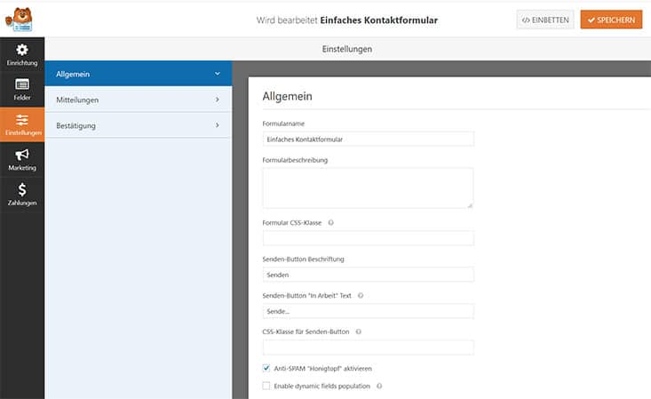 wpforms einstellungen allgemein