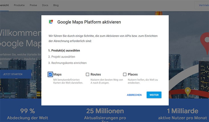 Google Maps Platform aktivieren