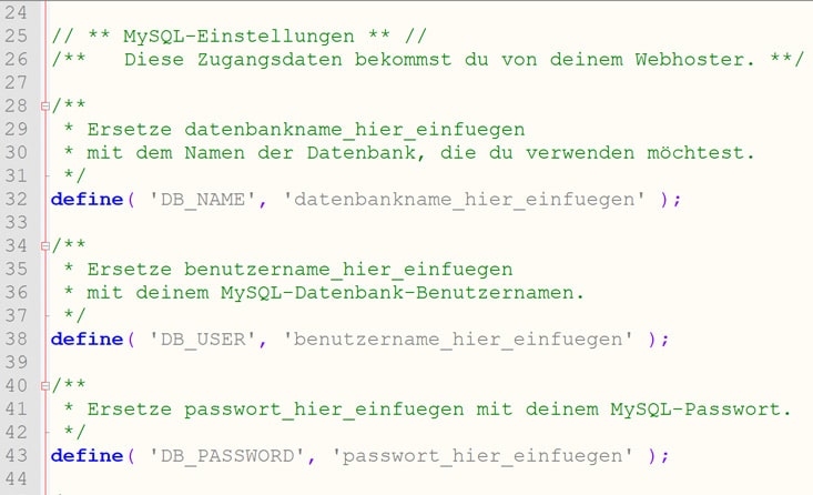 wp-config.php Einträge DB