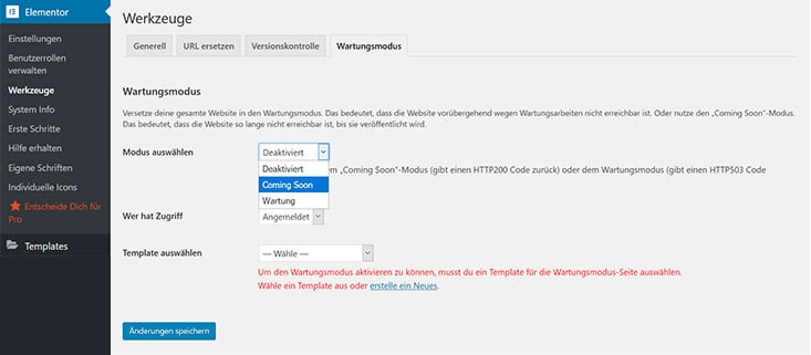 Elementor Wartungsmodus einrichten