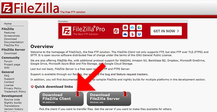 Screenshot: Download Seite FileZilla FTP Client