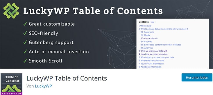 LuckyWP Table of Contents