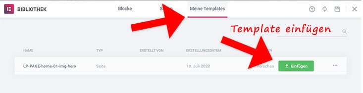 Importiertes Template einfügen