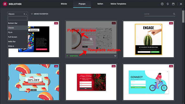 Elementor Popup Vorlagen in der Bibliothek