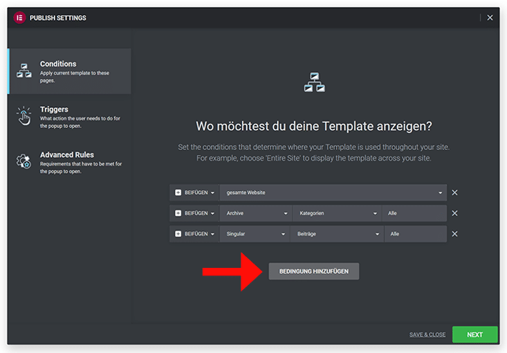 Elementor Popup Bedingungen festlegen