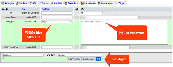 phpMyAdmin WordPress Passwort ändern
