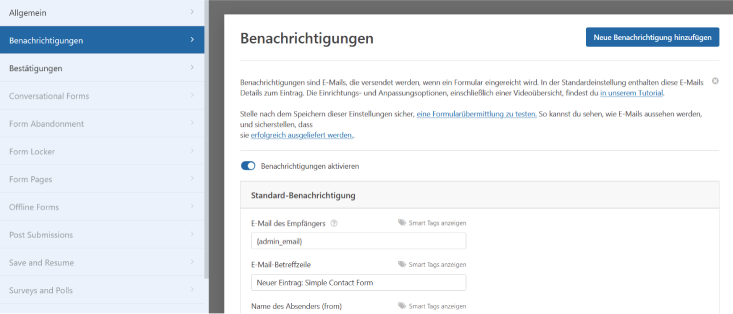 WPForms Einstellungen für Benachrichtigungen