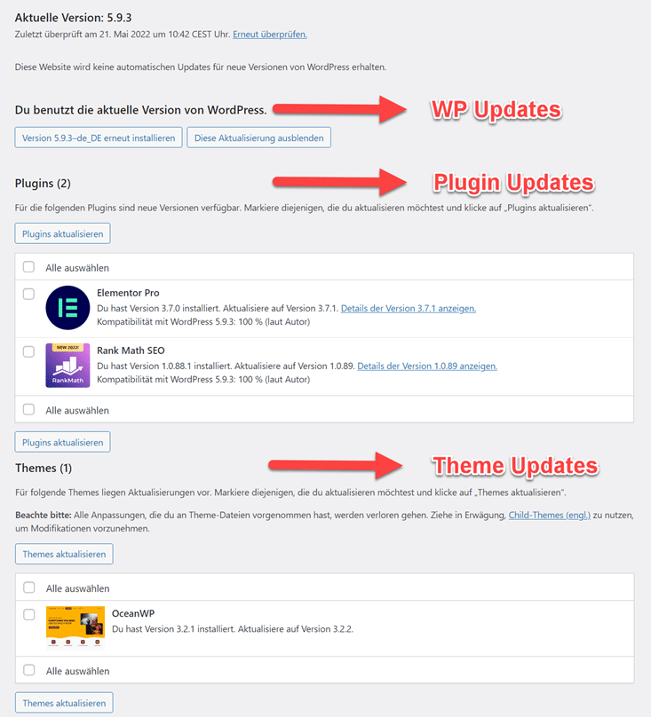 Übersicht der verfügbaren WordPress Updates