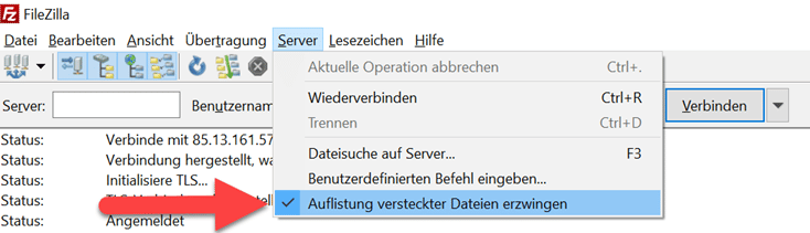 Filezilla versteckte Dateien anzeigen