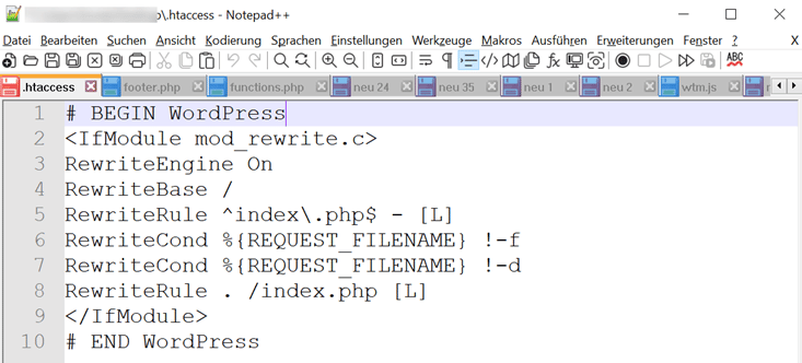 Standard WordPress htaccess in Notepad++ editieren