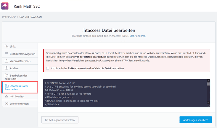 htaccess datei mit Rank Math bearbeiten