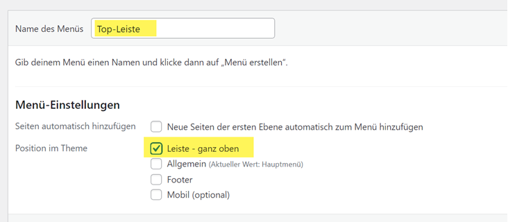 Menü benennen und Position im Theme bestimmen