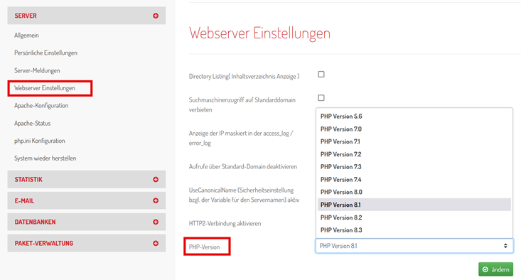 webgo PHP-Version auswählen