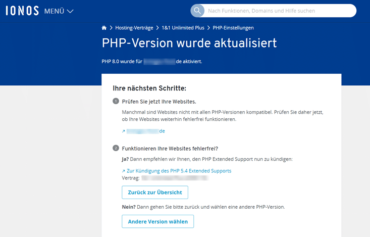 Screenshot Ionos PHP-Version nach Umstellung prüfen