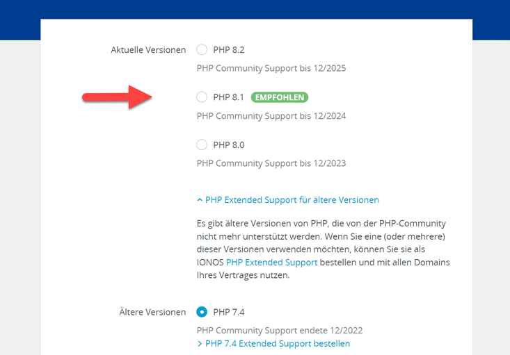 Screenshot Ionos WordPress PHP-Version ändern