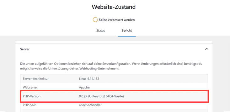 Screenshot Website-Zustand: WordPress PHP-Version prüfen