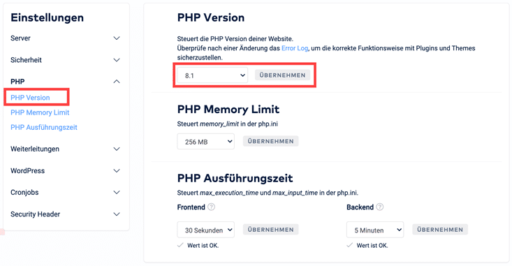 Screenshot Raidboxes: Aktualisierung der PHP-Version für WordPress