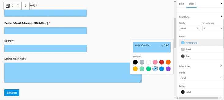 Styling Optionen für WPForms Formular im Block Editor